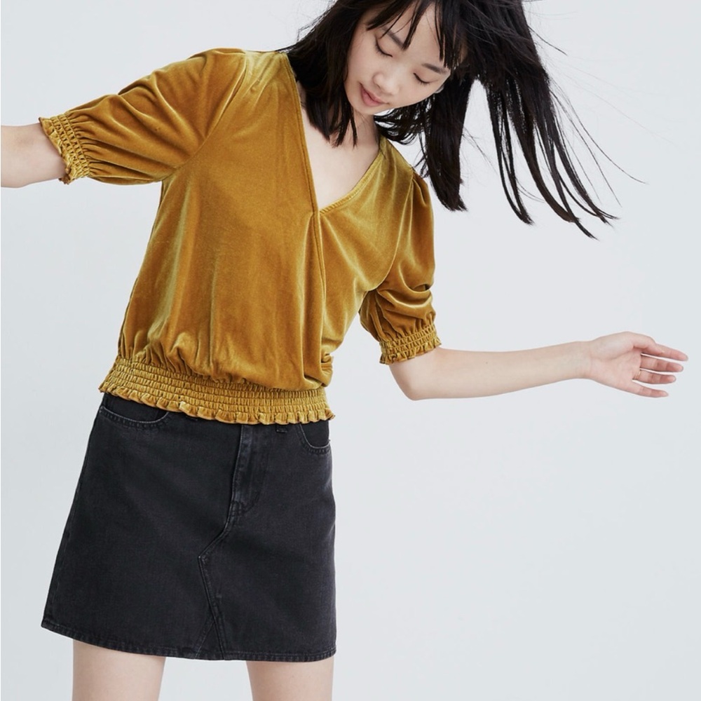Madewell Golden Velvet V-Neck Smocked Crossover Top Sz M